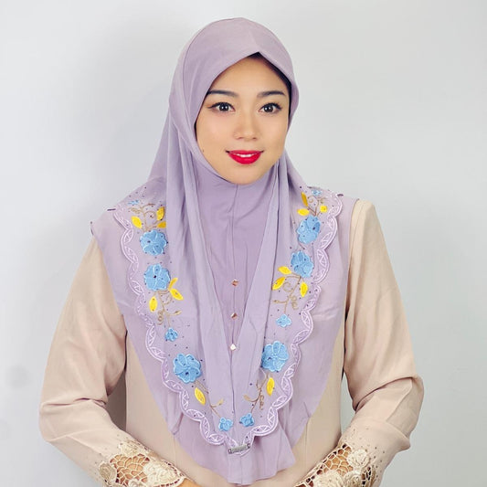 HAYA HA1105 Double Layered Floral Embroidered Lace Headscarf for Women