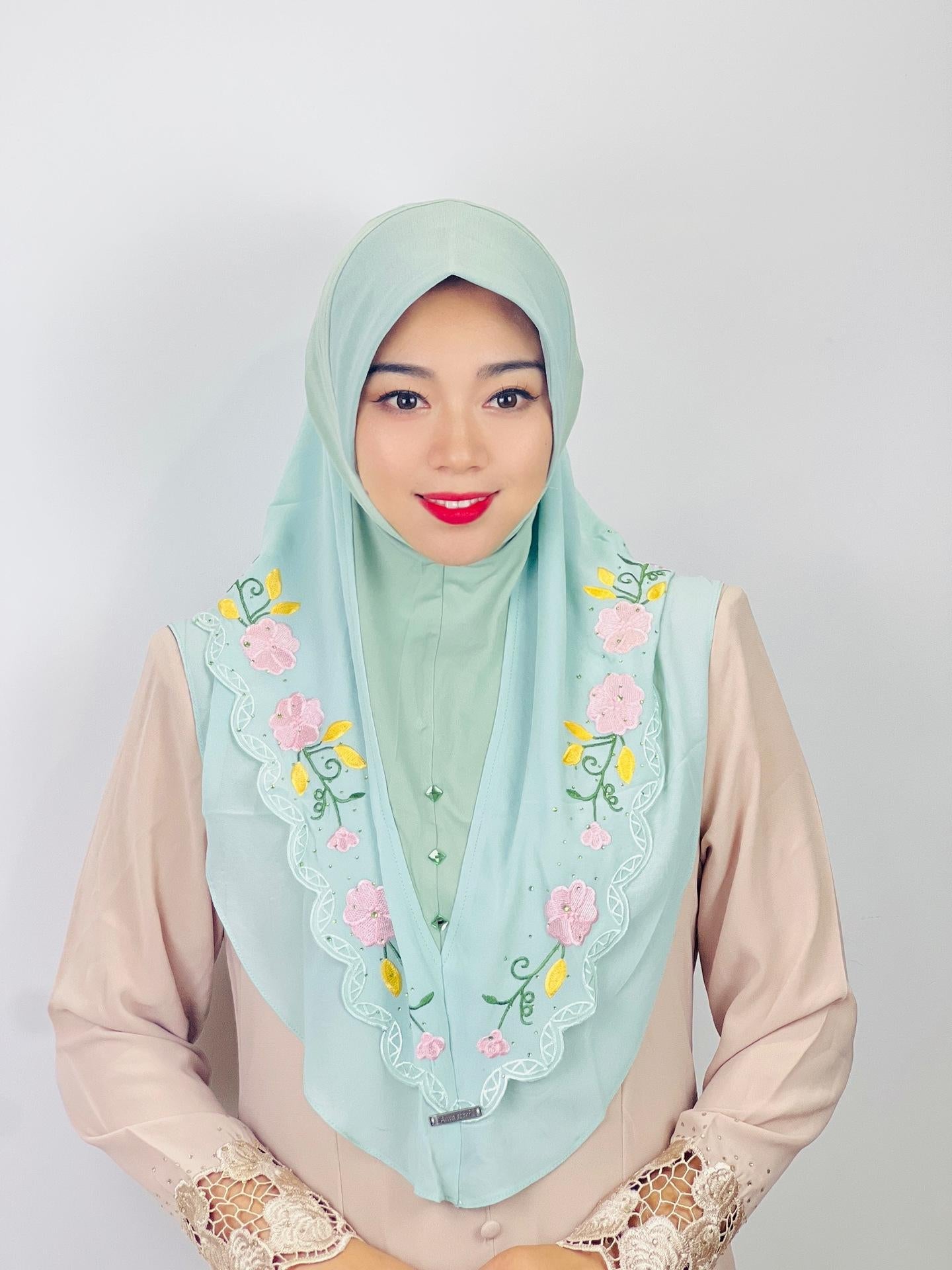 HAYA HA1105 Double Layered Floral Embroidered Lace Headscarf for Women