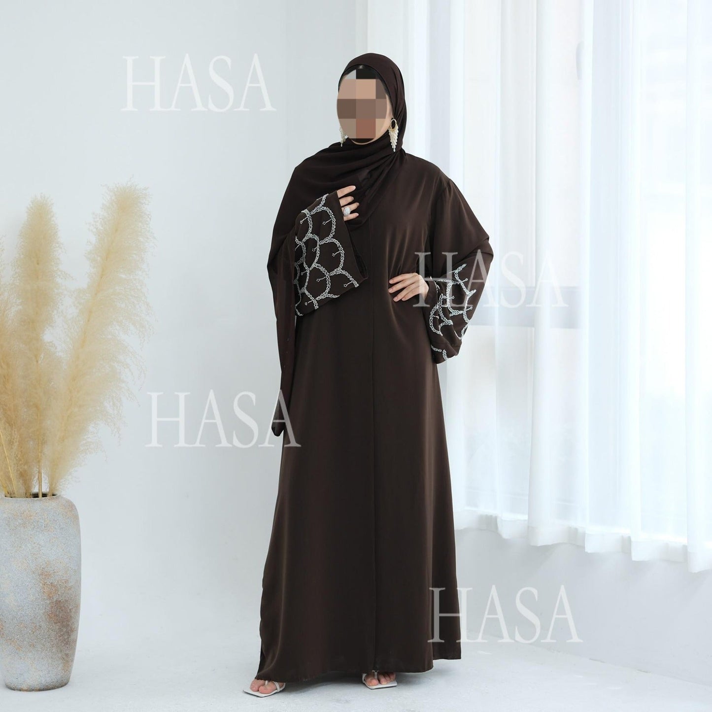 HA6608 Solid Color Hand-beaded Long Cardigan (headscarf Not Included)