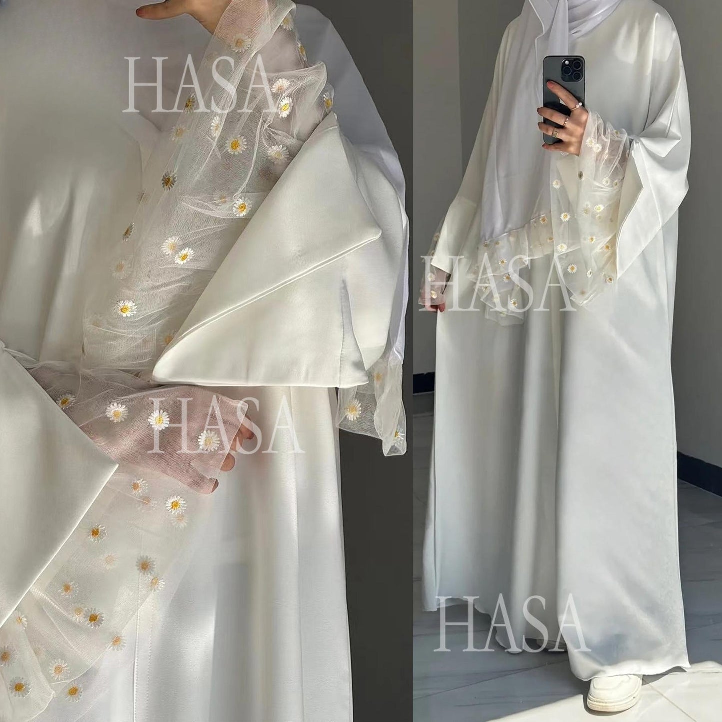 HA6564 Lace Daisy Embellished Long Dress Robe