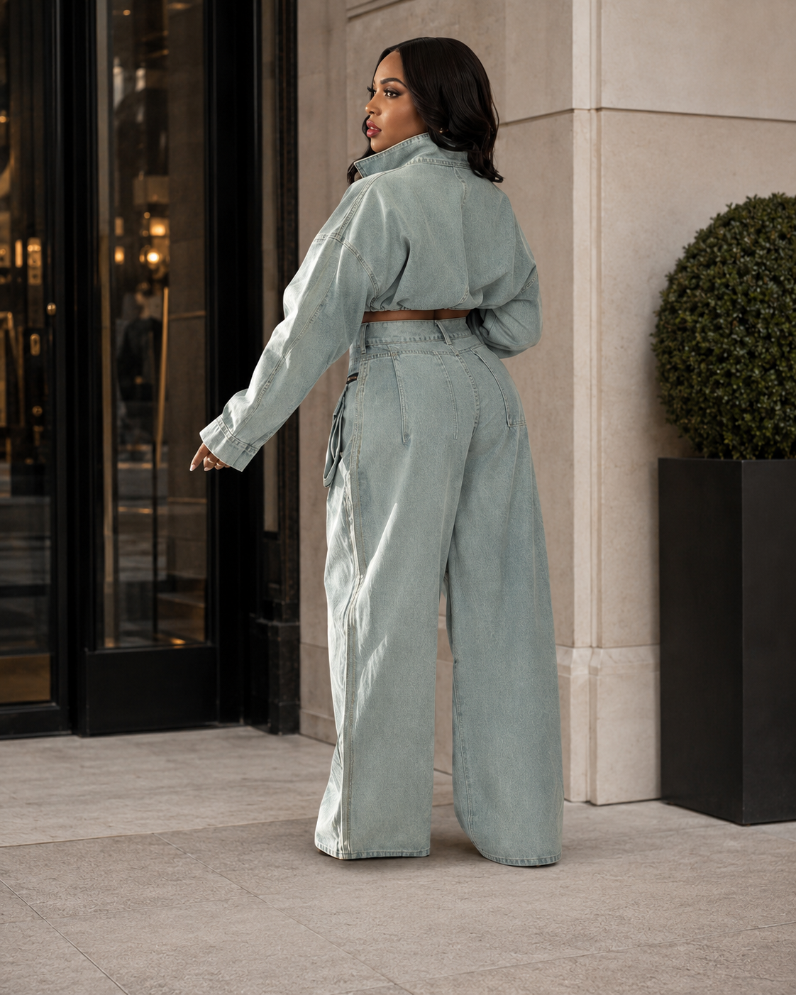 HS6306 Washed Denim Two Piece Set with Wide Leg Cargo Pants