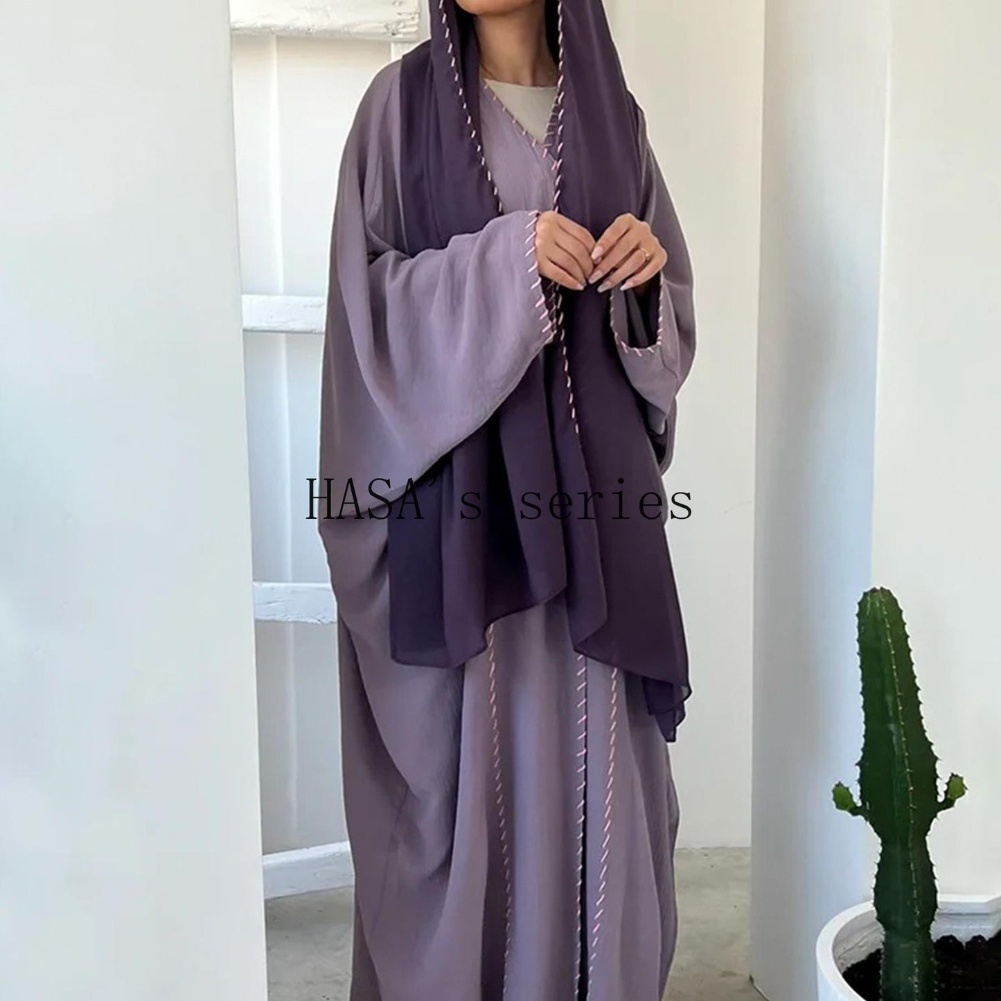 HS4843 Simple Cardigan and Headscarf Two-piece Set.