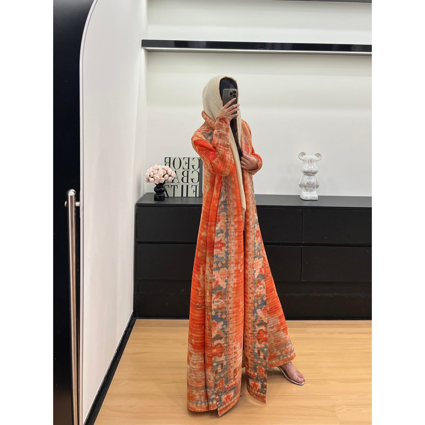 HASASERIES HS6714 Desert Bloom Vibrant Orange Abaya with Floral Prints