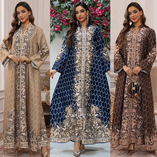 HA6654 Rhinestone-embroidered Long Robe Dress with Elegant Three-dimensional Pattern Design