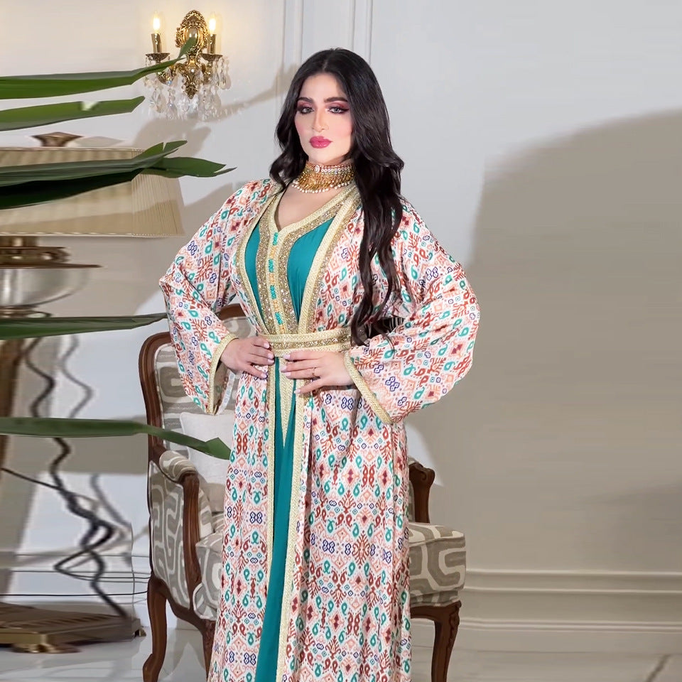HA6644 Two-piece rhinestone-embroidered robe with understated luxury embroidery design