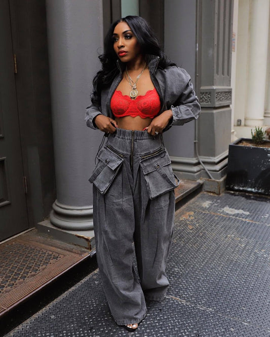HS6306 Washed Denim Two Piece Set with Wide Leg Cargo Pants