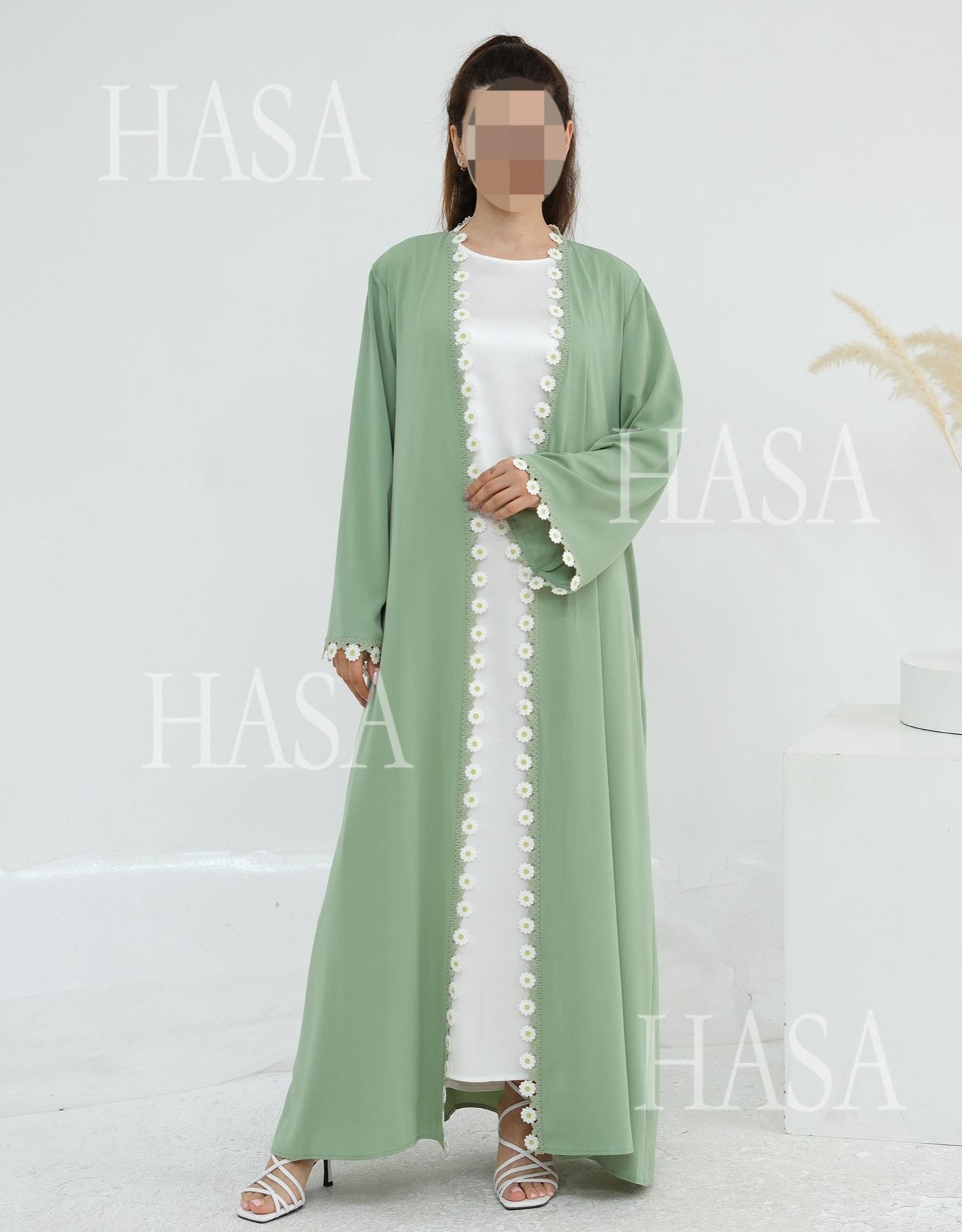 HA6616 Green Flower Stitching Cardigan Two-Piece Set (Including Headscarf)