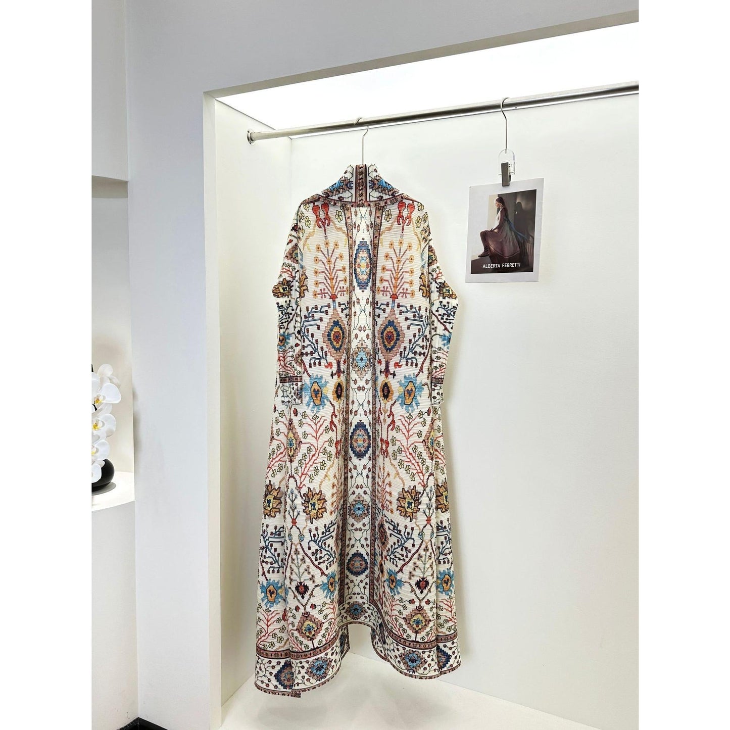 HS6720  White Abaya with Vibrant Multicolor Prints