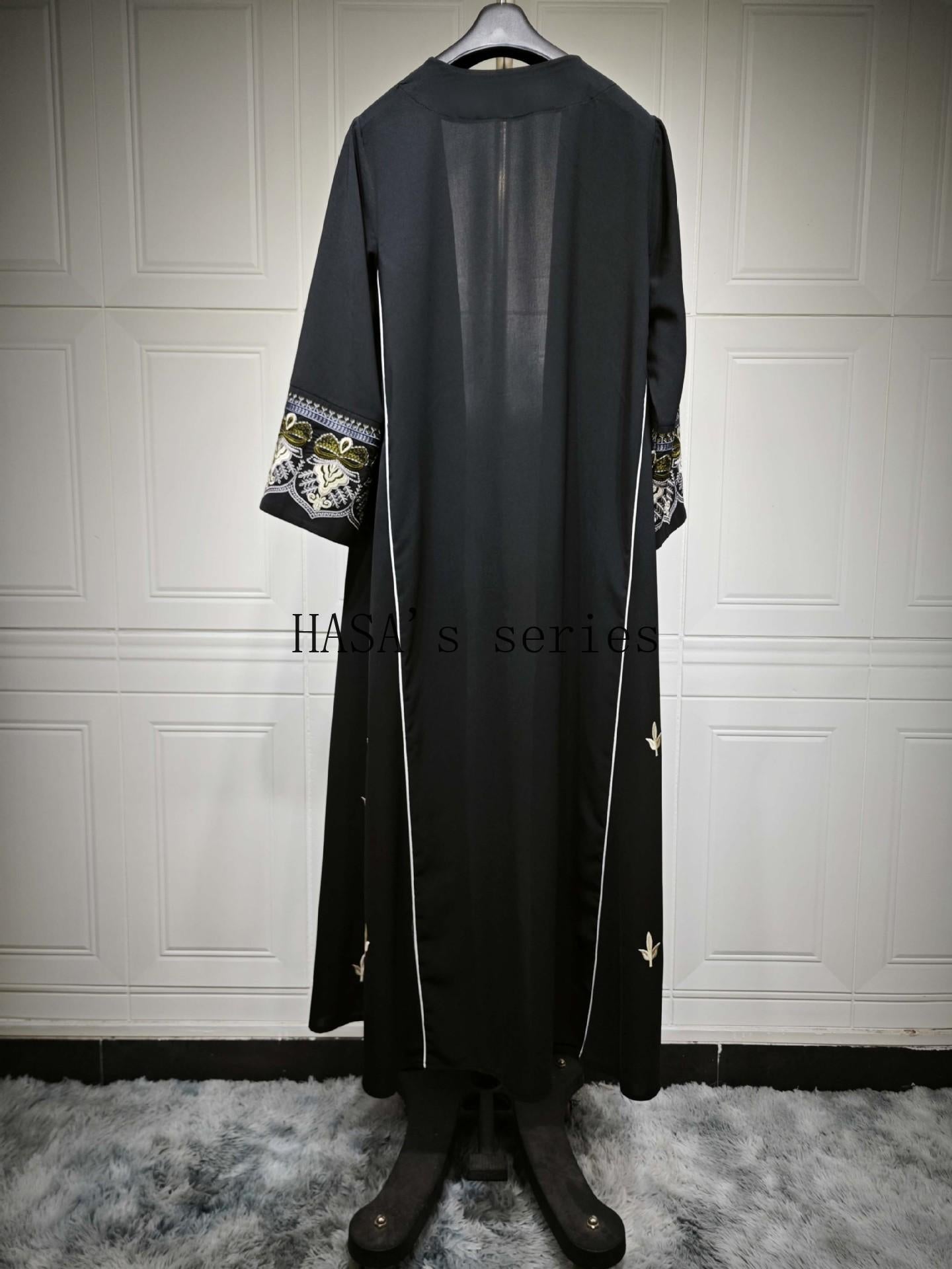 HS5090 Classic black embroidered patchwork robe, designed as a loose, open-front dress.