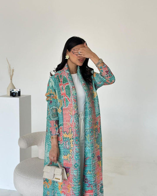 HS5852 Elegant, Retro-style Long Cardigan with Contrasting Printed Pattern.