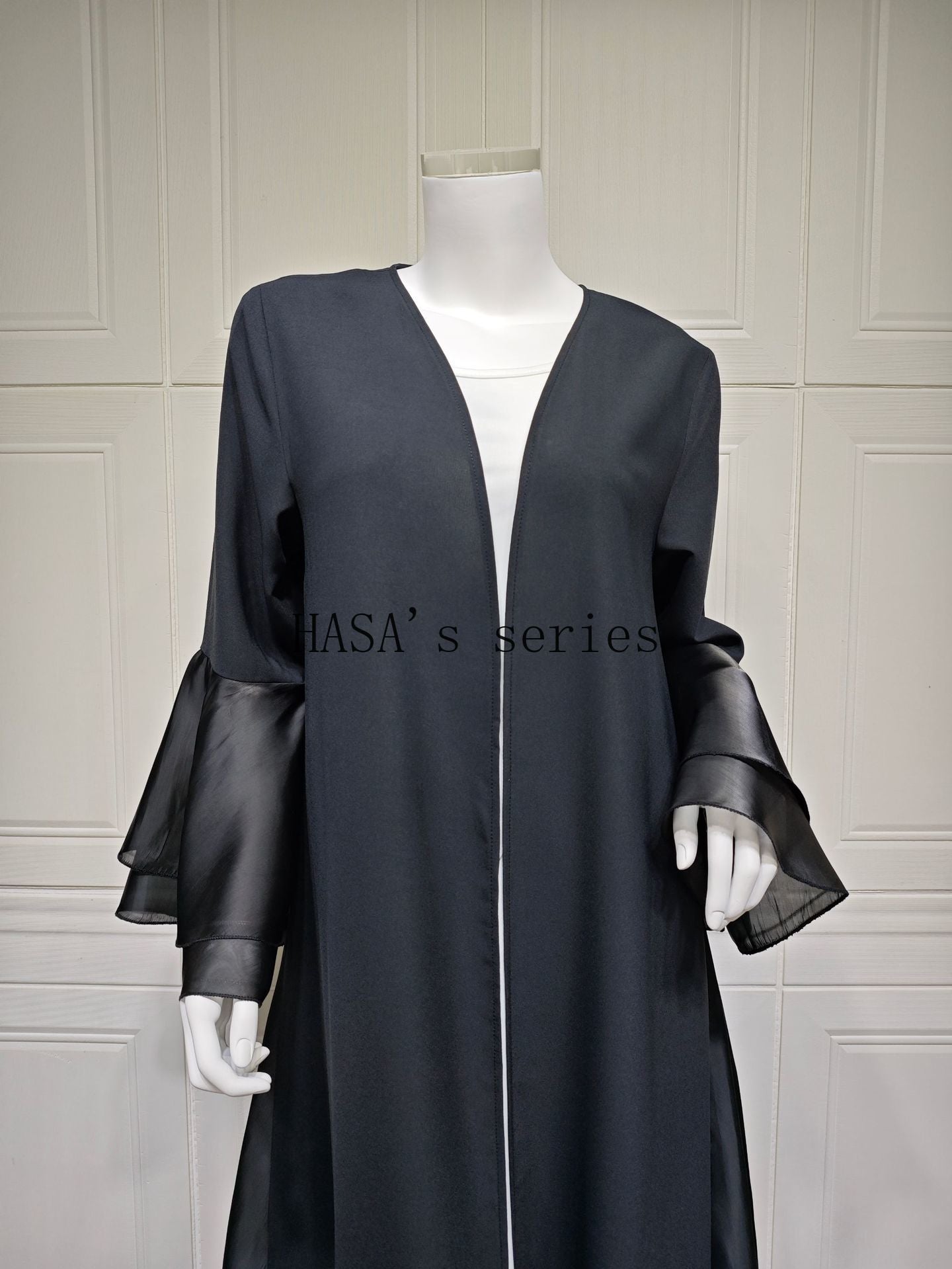 HS5106 A Soft and Elegant Long Satin Dress with Classic Design and Ruffled Sleeves.