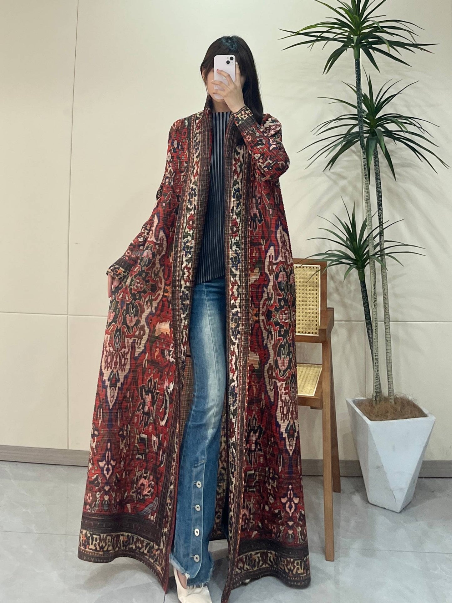 HS6706 Bohemian Elegance , Vibrant Red Printed Abaya