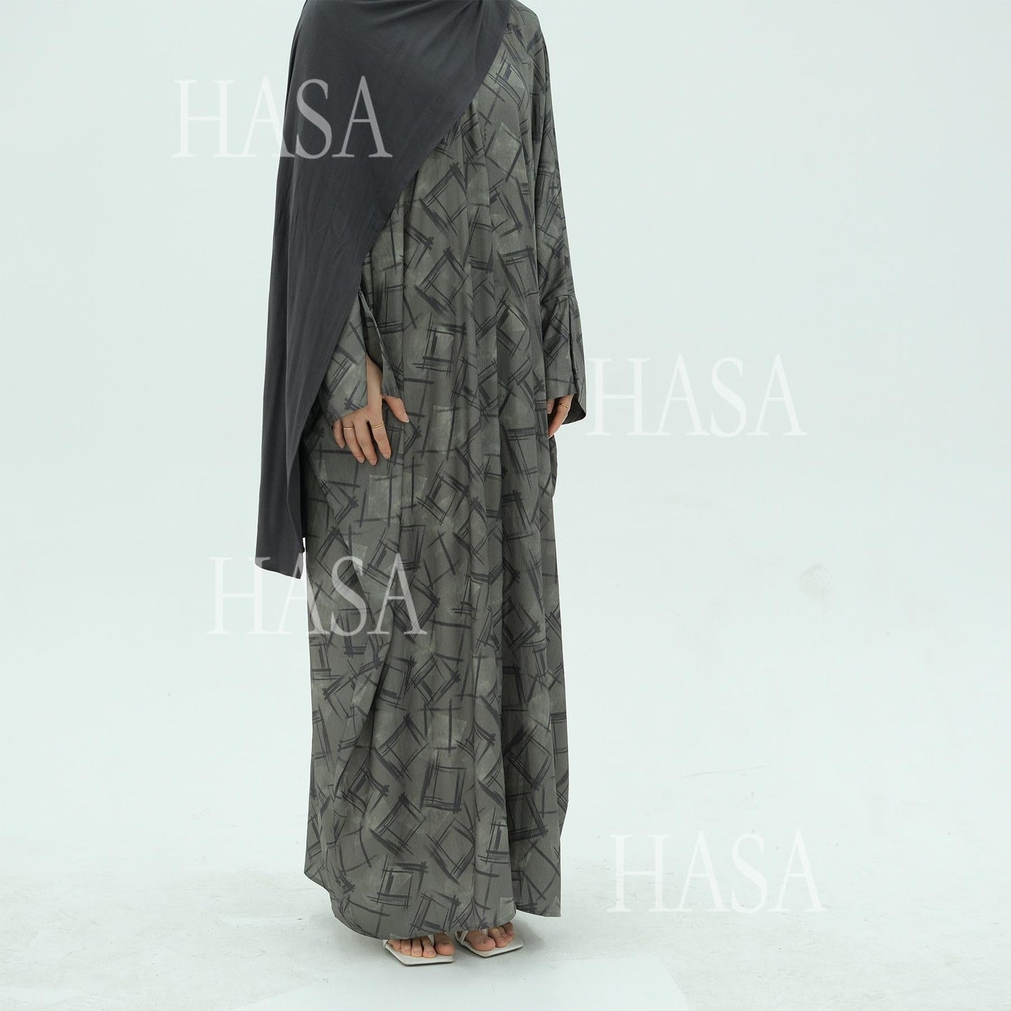 HA6504 Grey geometric print long cardigan Abaya (headscarf not included)