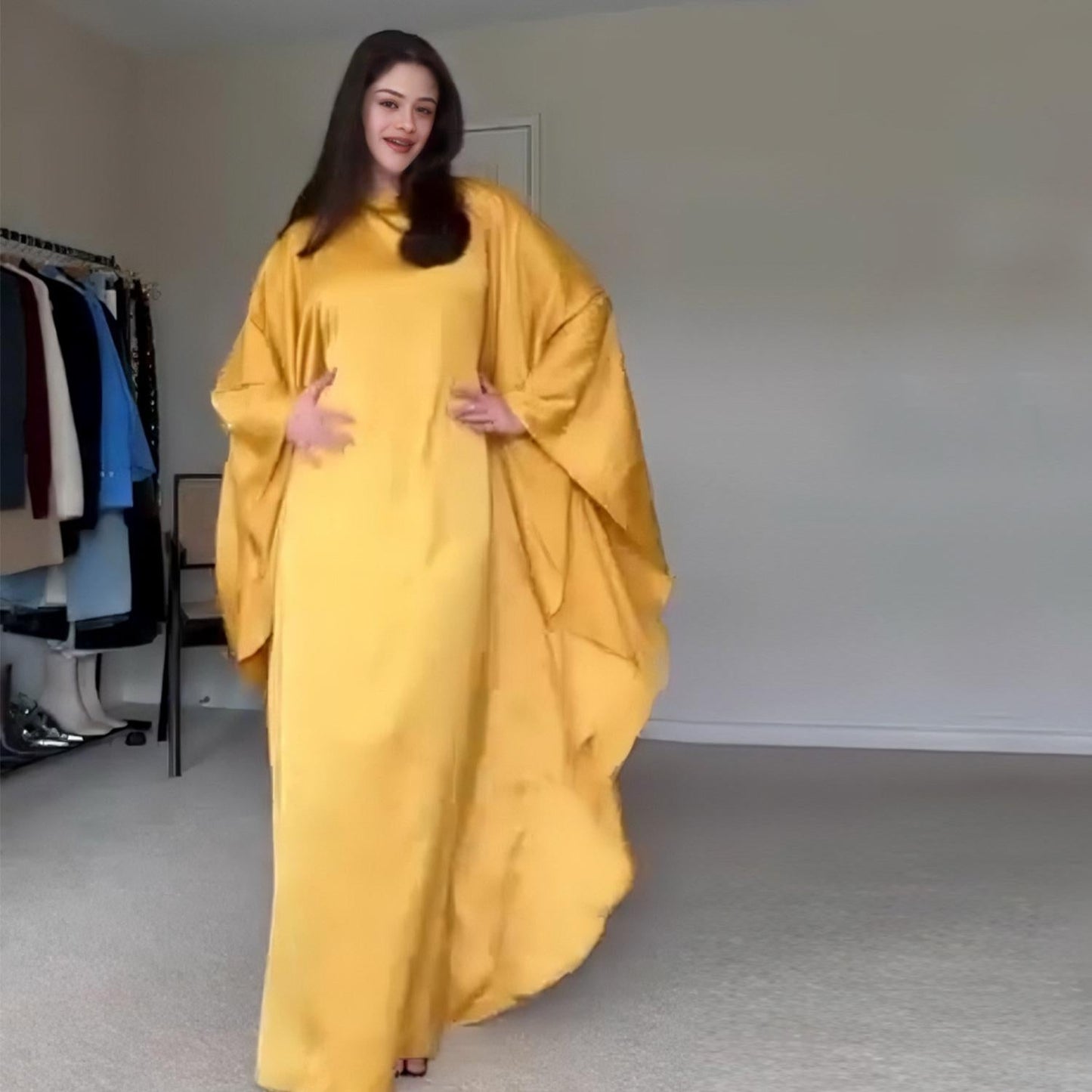 HA1504 Satin Batwing Sleeve Kaftan with Inner Belt