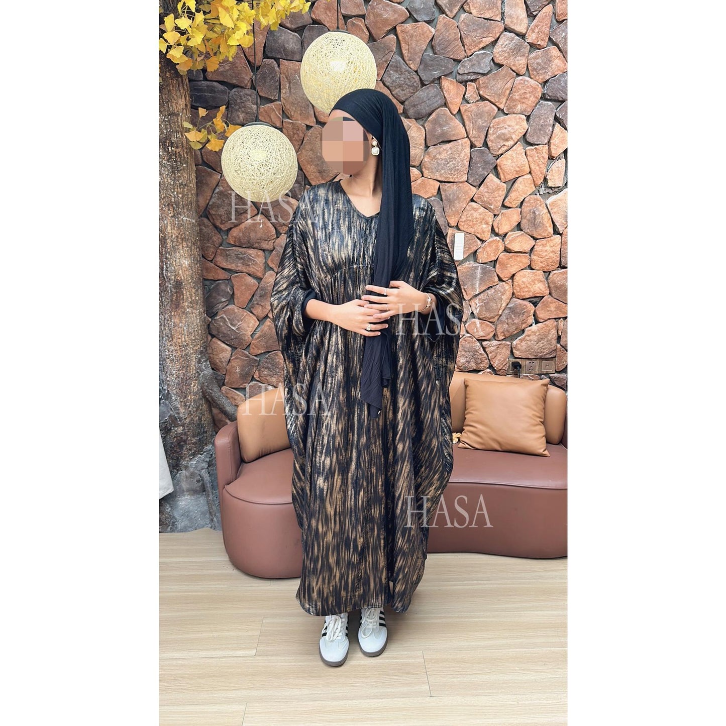 HA6566 Long-sleeved Printed Batwing Sleeve Loose Dress