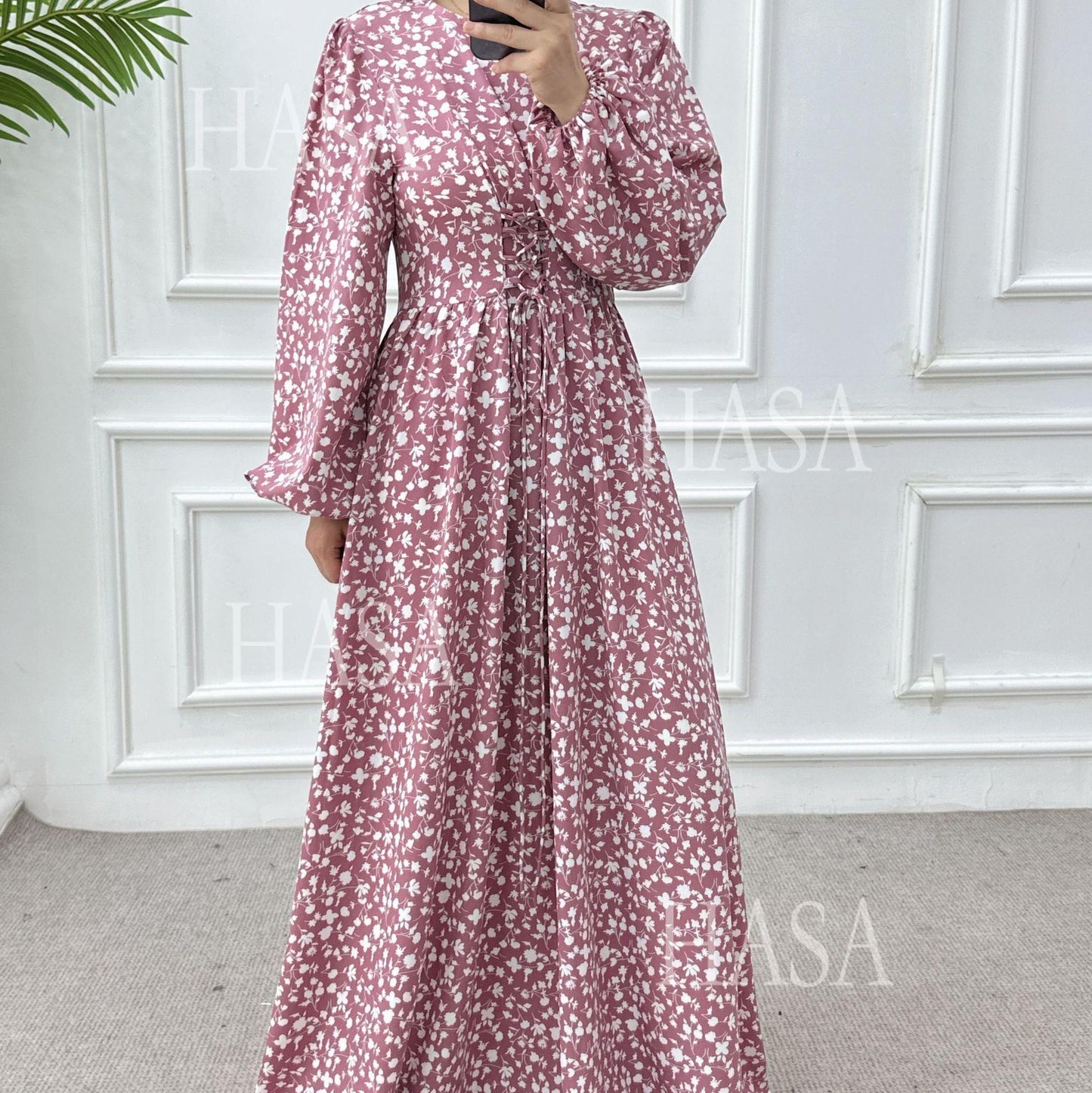 HA6489 Long-sleeved Floral Maxi Dress with Natural Waist