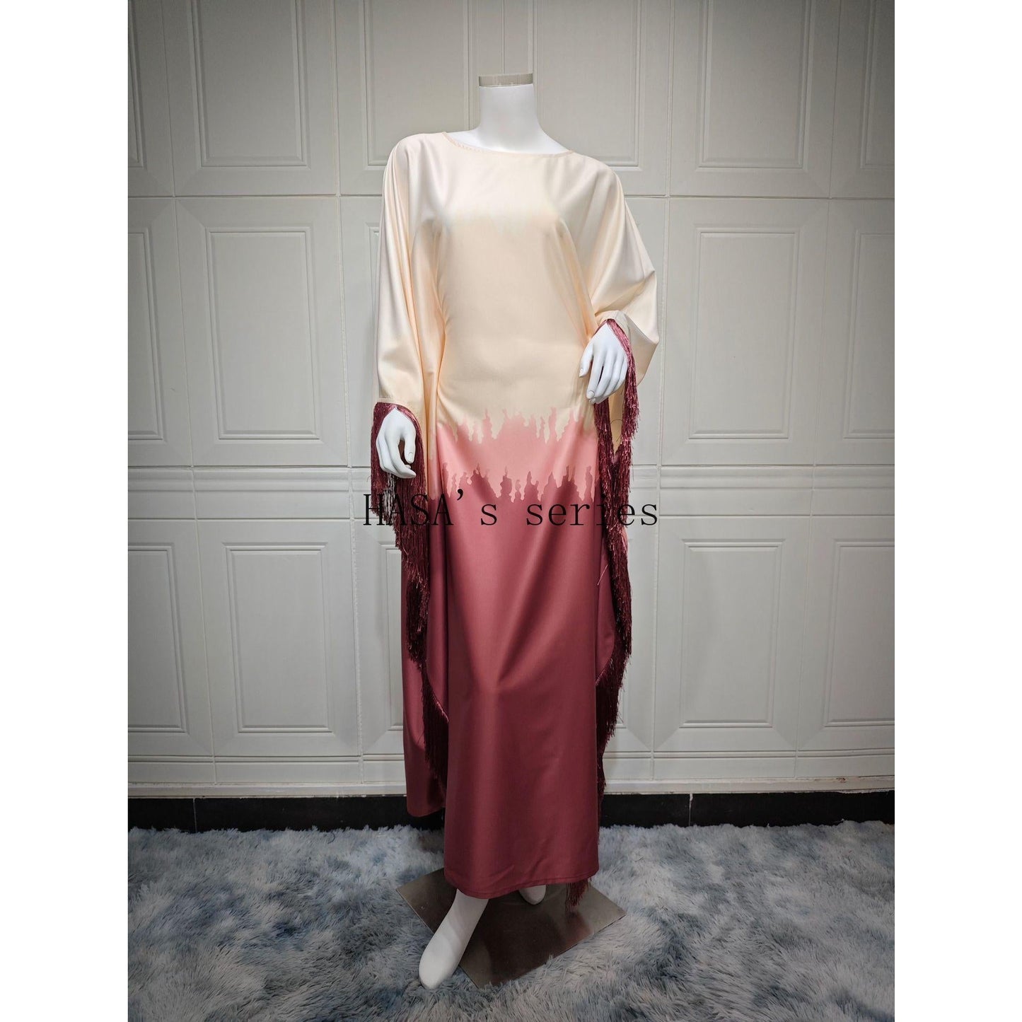 HS5095 Romantic Gradient Fringed Robe, Elegant Printed Long Dress