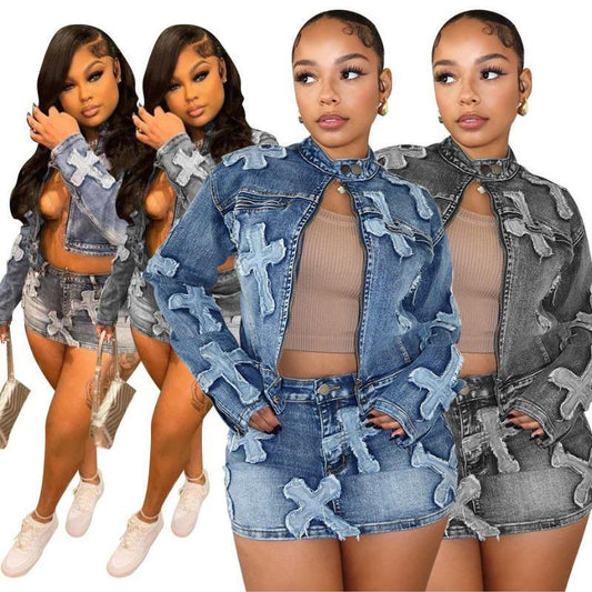 HS6391 Primavera Nuovo Set Gonna in Denim Set Giacca Gonna Ricamata in Denim