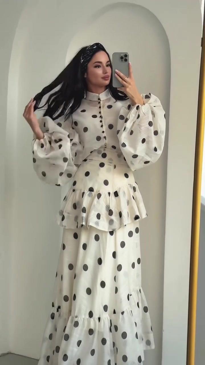 HS6732 Vintage Polka Dot Co-ord Set Puff Sleeve Blouse & Long Ruffle Skirt Outfit