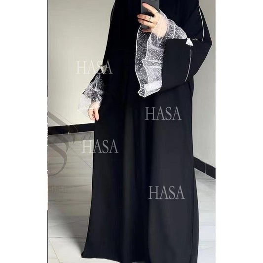 HASA's series HA6563 Elegant Lace Paneled Bow Cuff Robe Dress