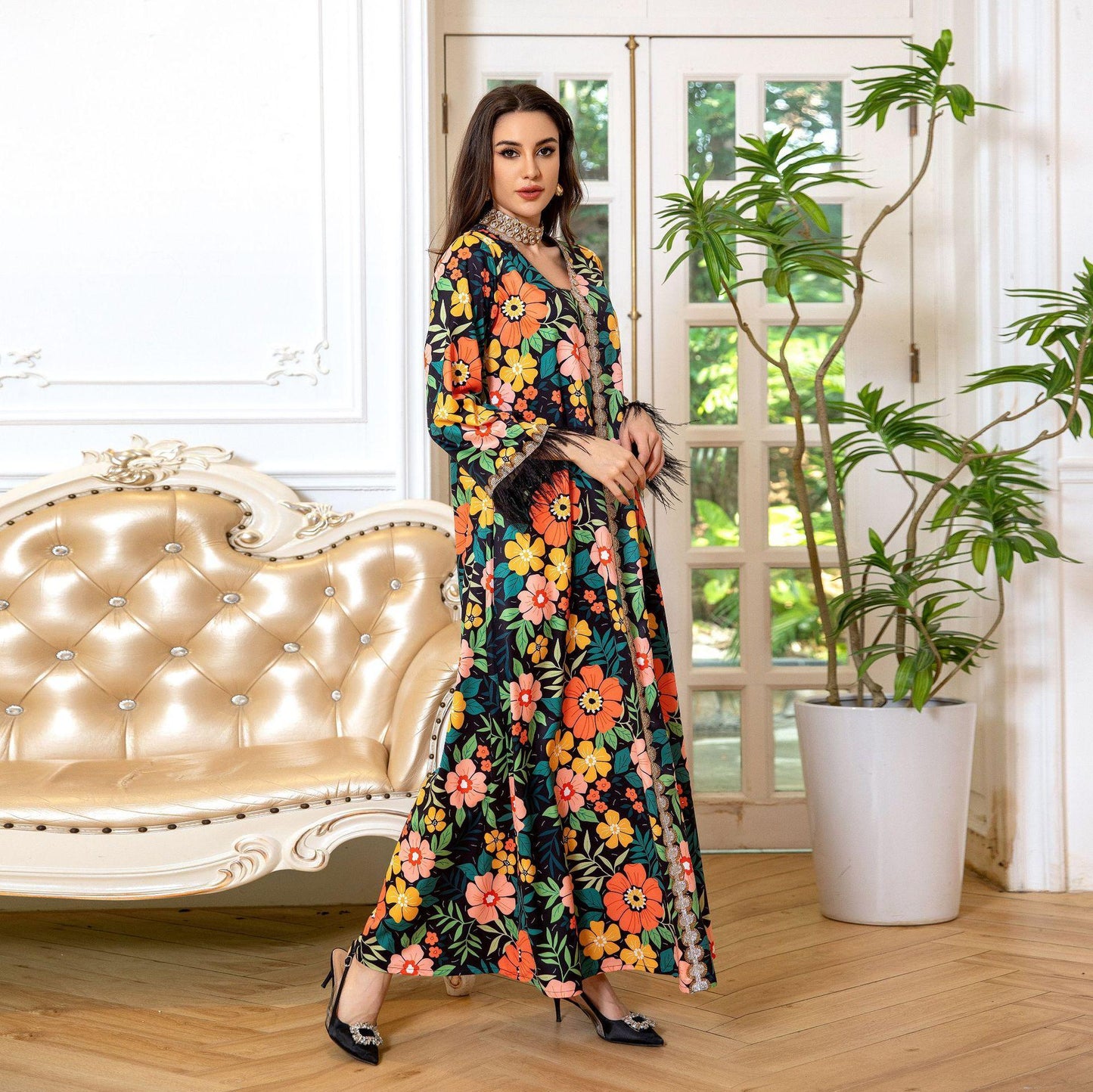 HAYA HAYA1078 Printed Diamond Camel Hair Dress
