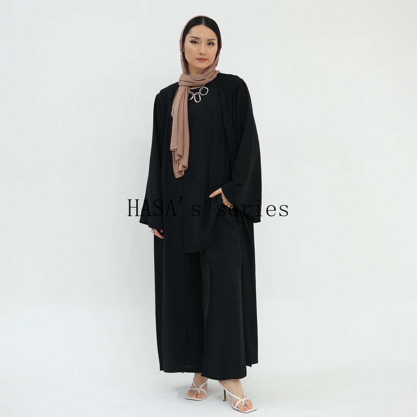 HS5107 Minimalist Style Three-piece Set | Solid Color Long Coat Paired with A Loose Two-piece Suit.