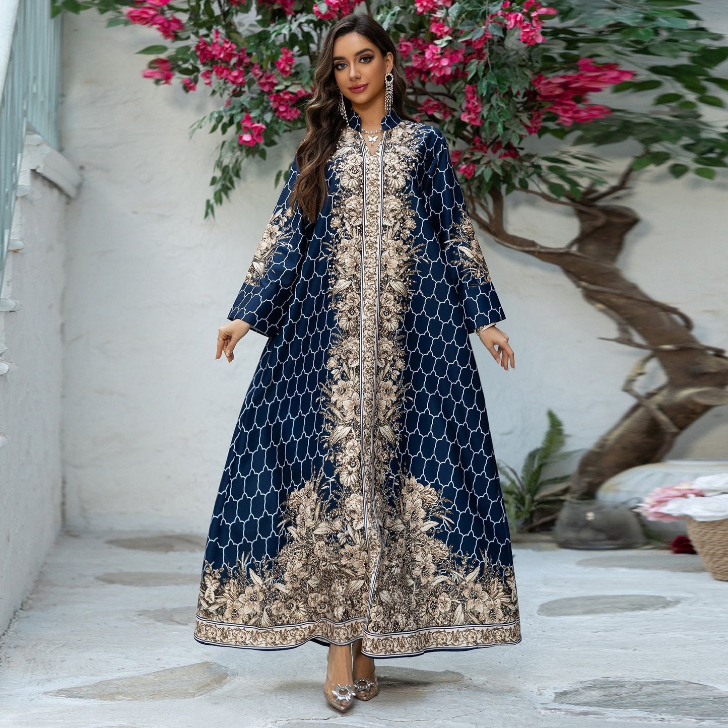 HA6654 Rhinestone-embroidered Long Robe Dress with Elegant Three-dimensional Pattern Design