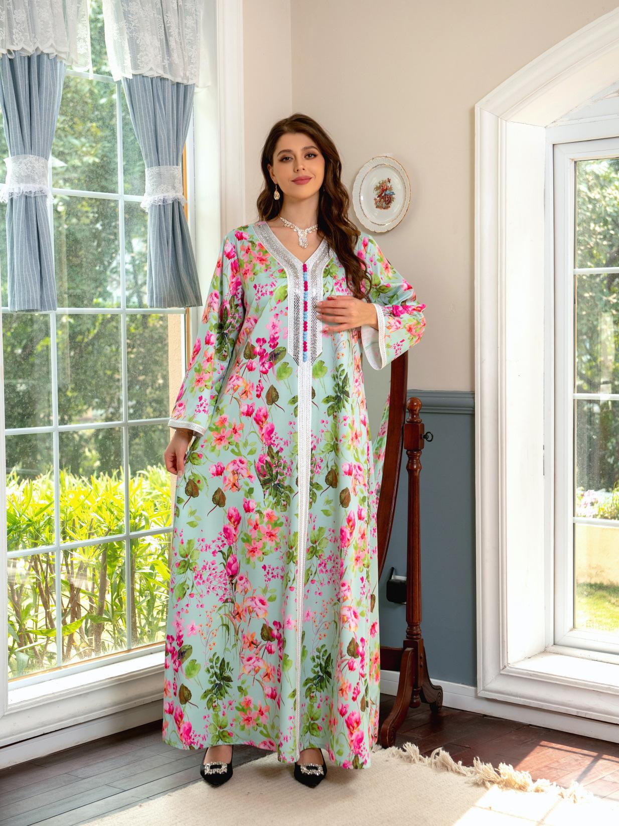 HAYA HAYA1075 Abaya Robe New Printed Rhinestone Dress