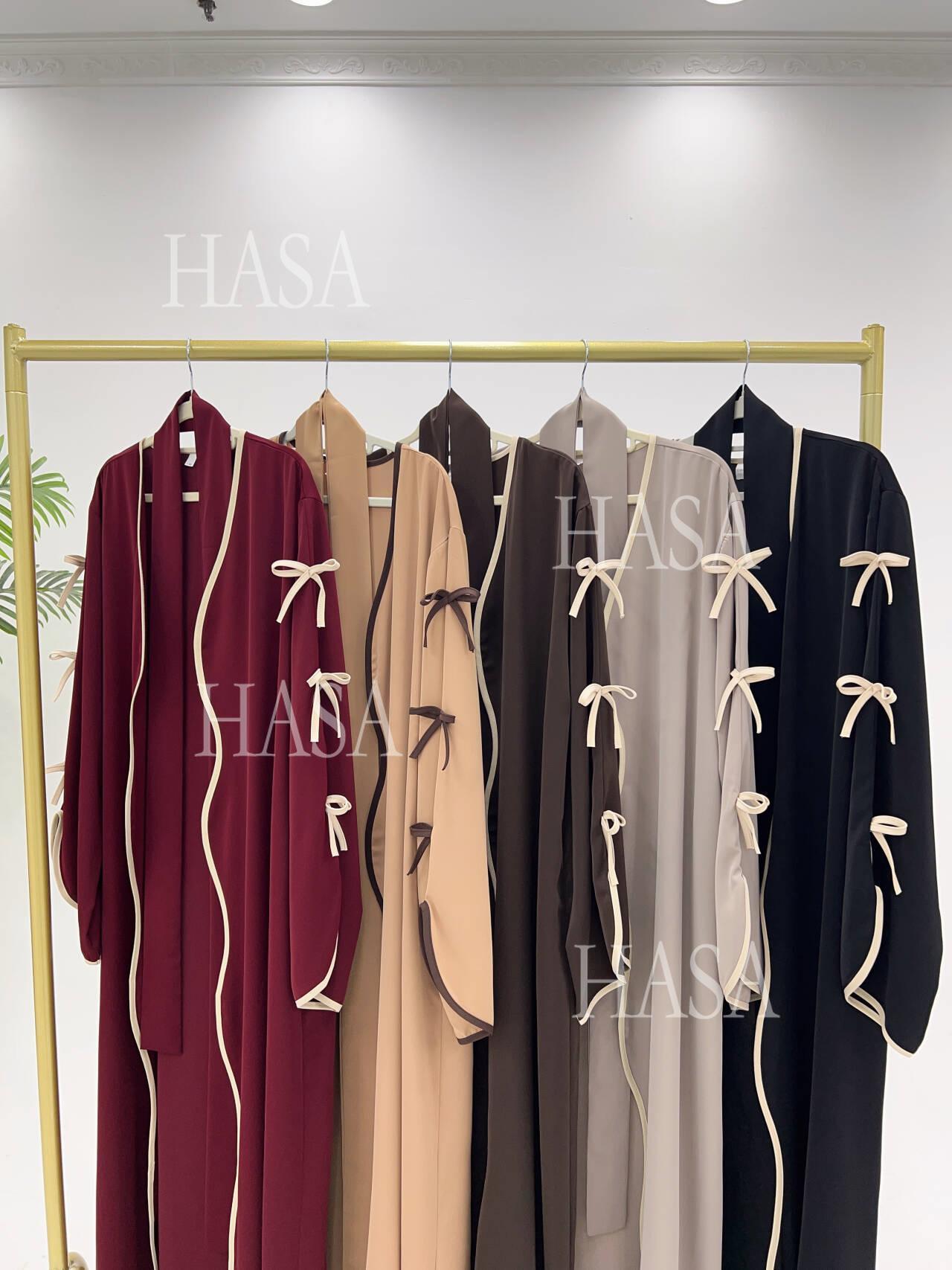 HA5883  A Two-piece Robe and Skirt Set with A Soft Bow and A Belt Design open abaya outfit