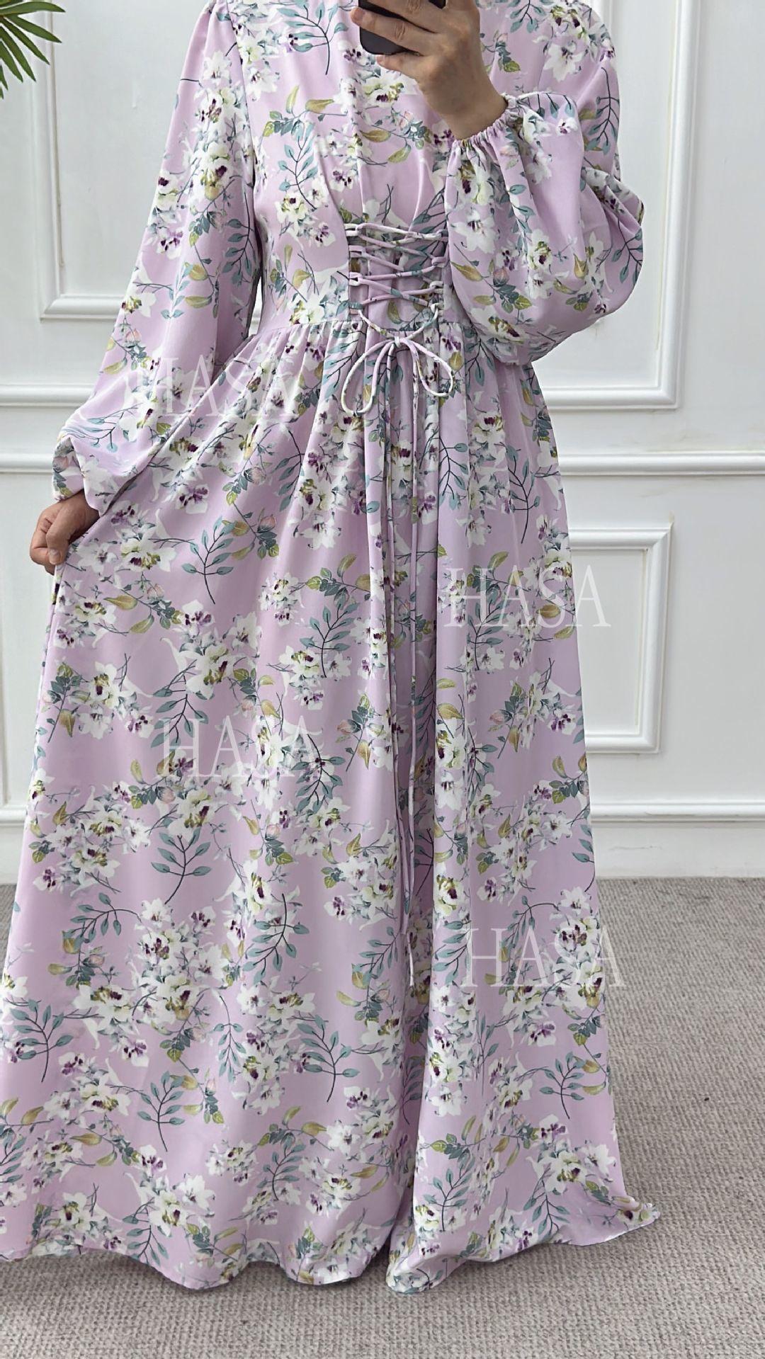 HA6489 Long-sleeved Floral Maxi Dress with Natural Waist