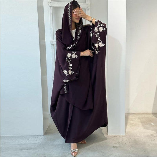 HS5099 Rhinestone-embellished Beaded Cardigan-style Robe, A High-quality Two-piece Set with A Matching Headscarf Design.