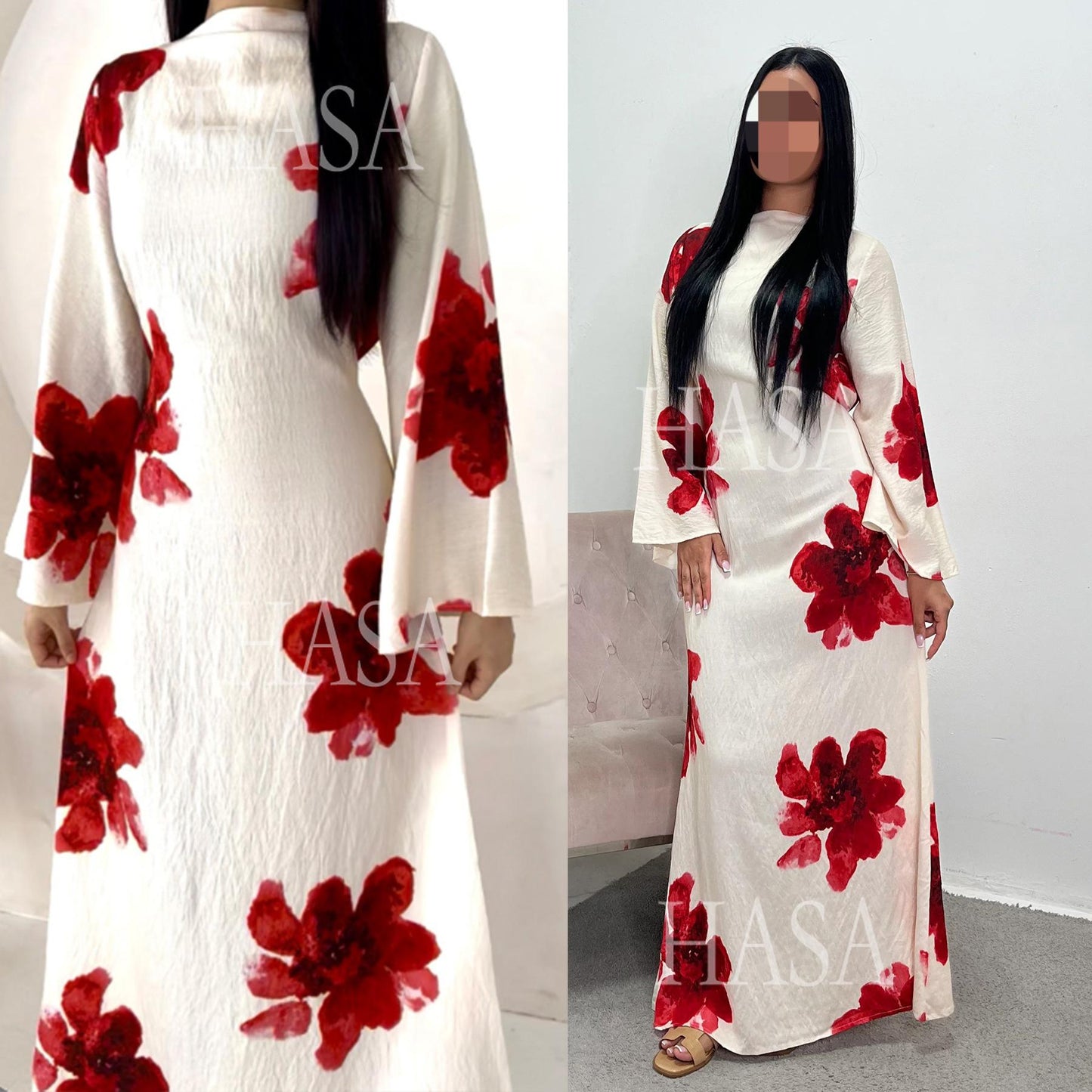 HA6503 Long-sleeved Waist-length Printed Dress (one Piece)