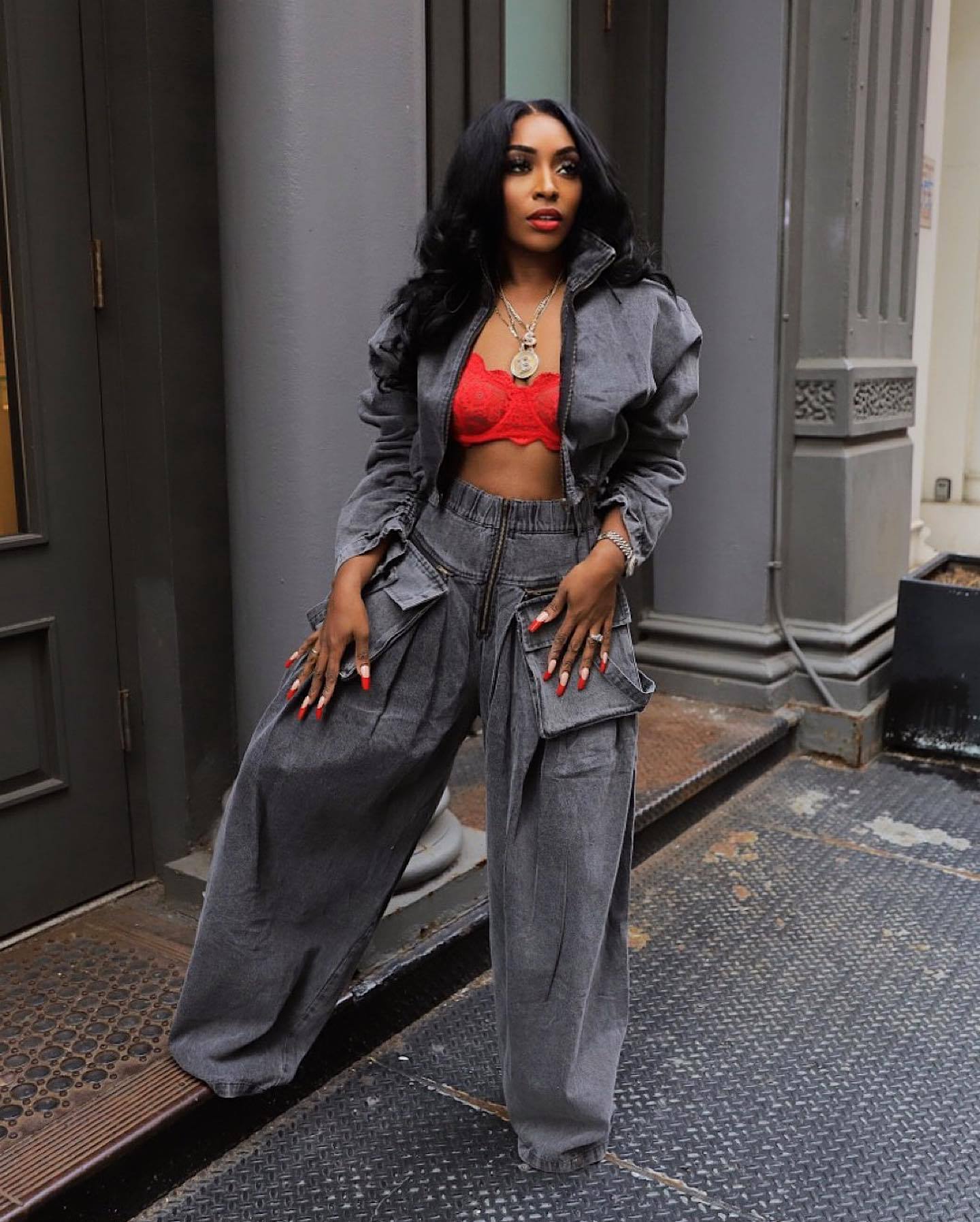 HS6306 Washed Denim Two Piece Set with Wide Leg Cargo Pants
