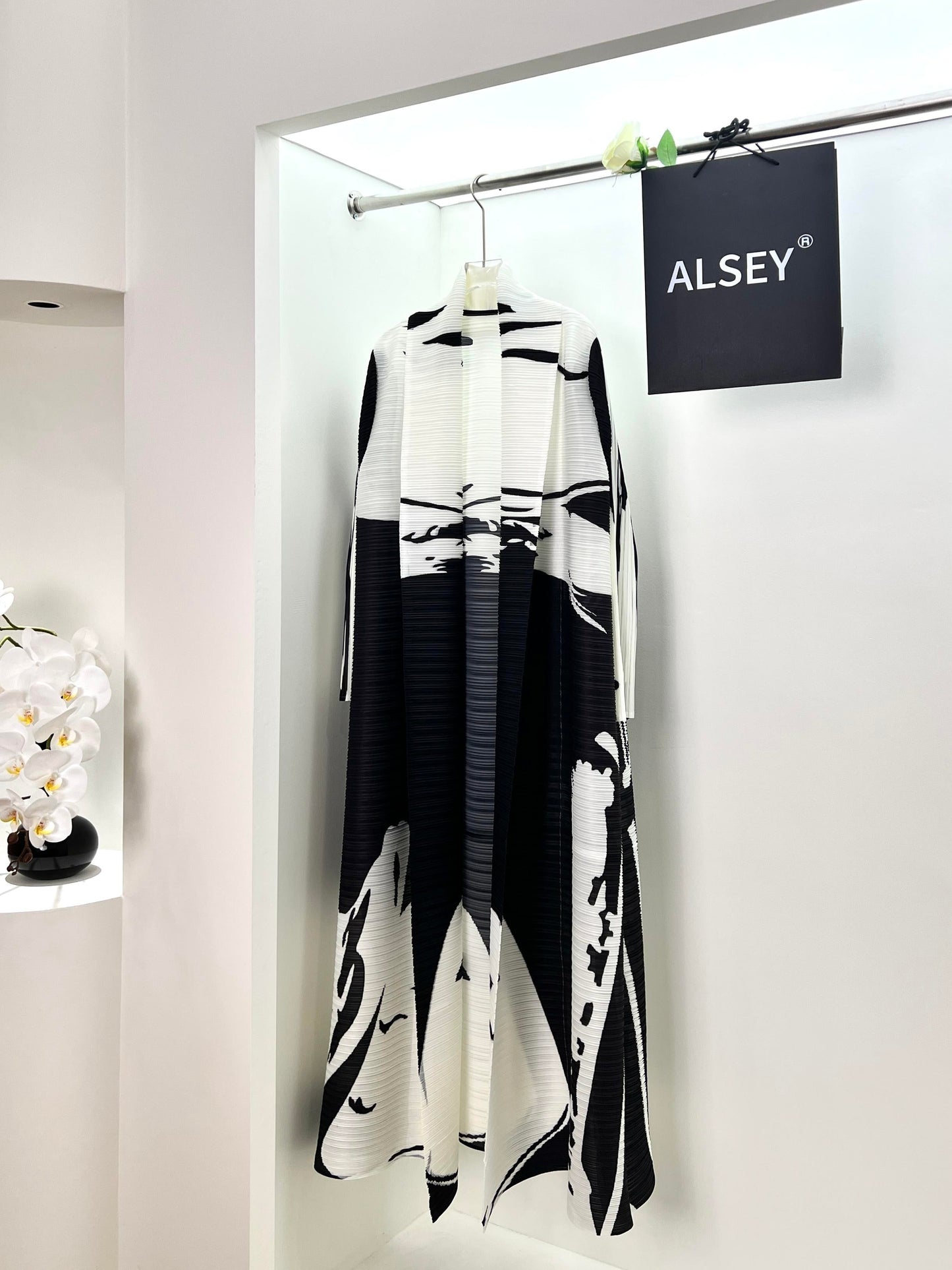 HS6726  White Abstract Belted Abaya with Artistic Prints