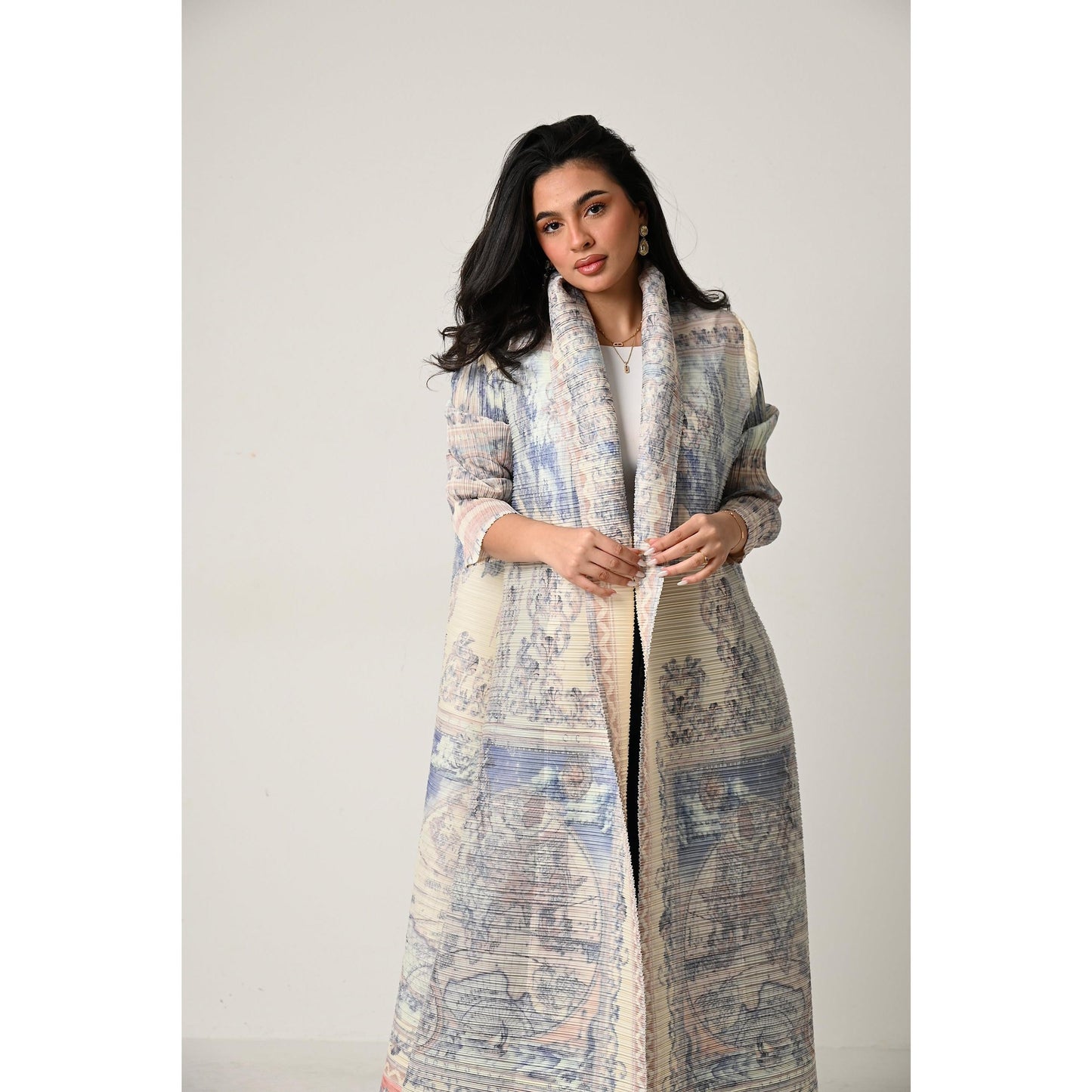 HS5840 Light-colored, All-over Print, Open-front Long Coat
