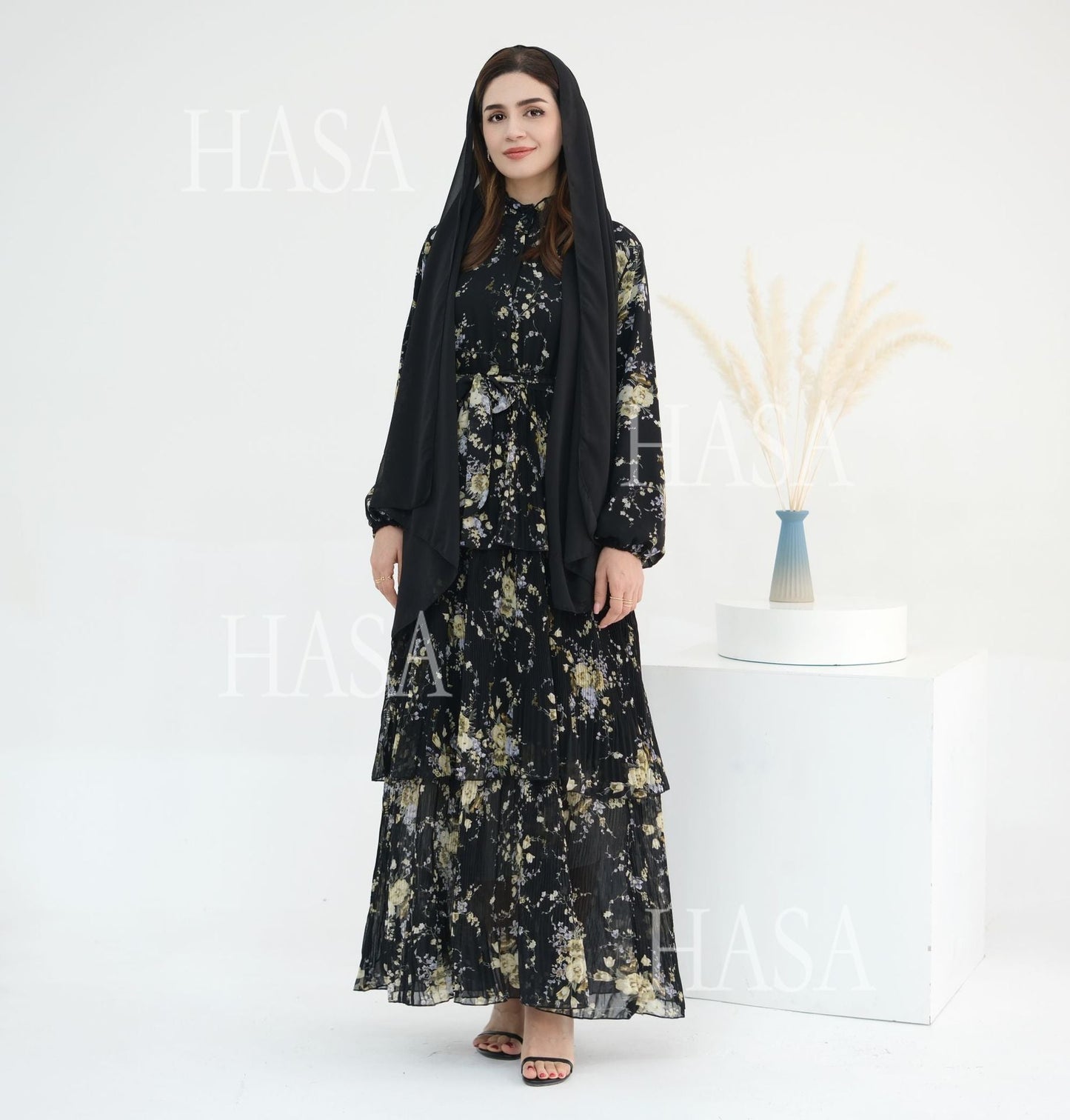 HA6500  Romantic Layered Print Long Dress
