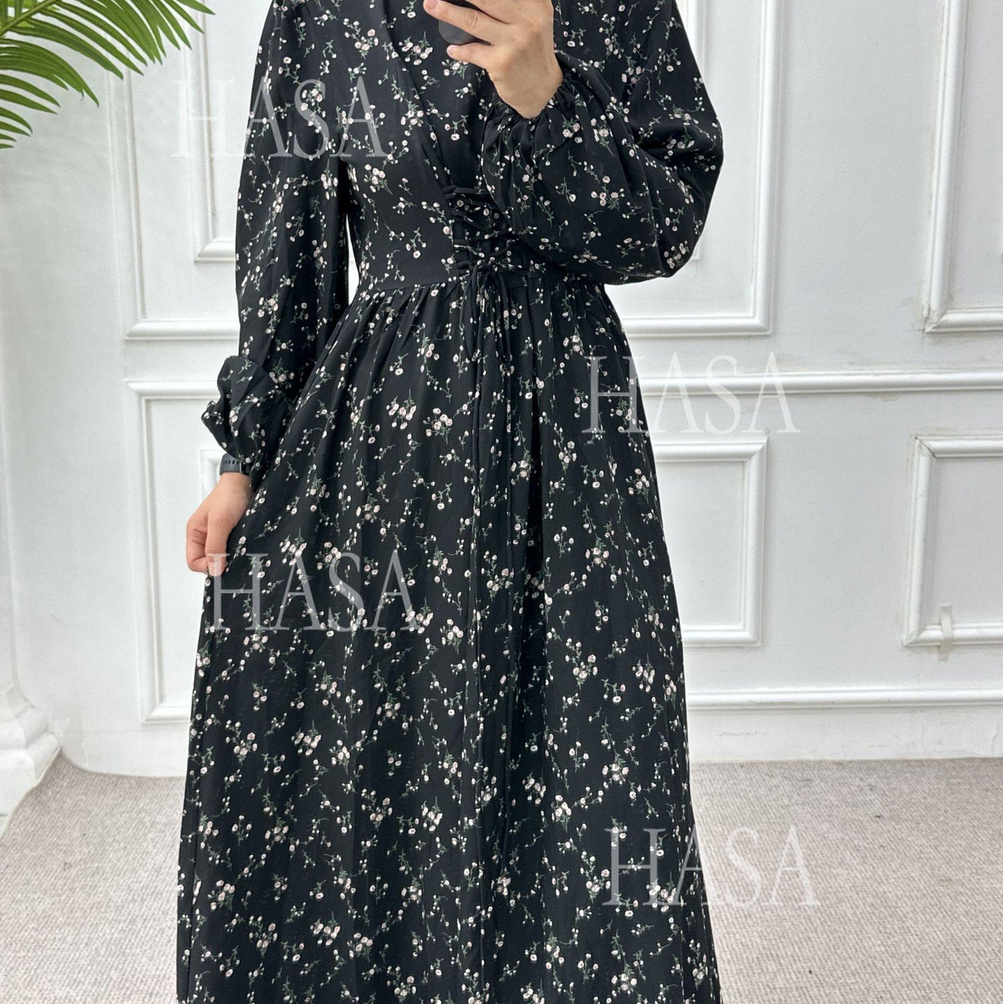 HA6489 Long-sleeved Floral Maxi Dress with Natural Waist