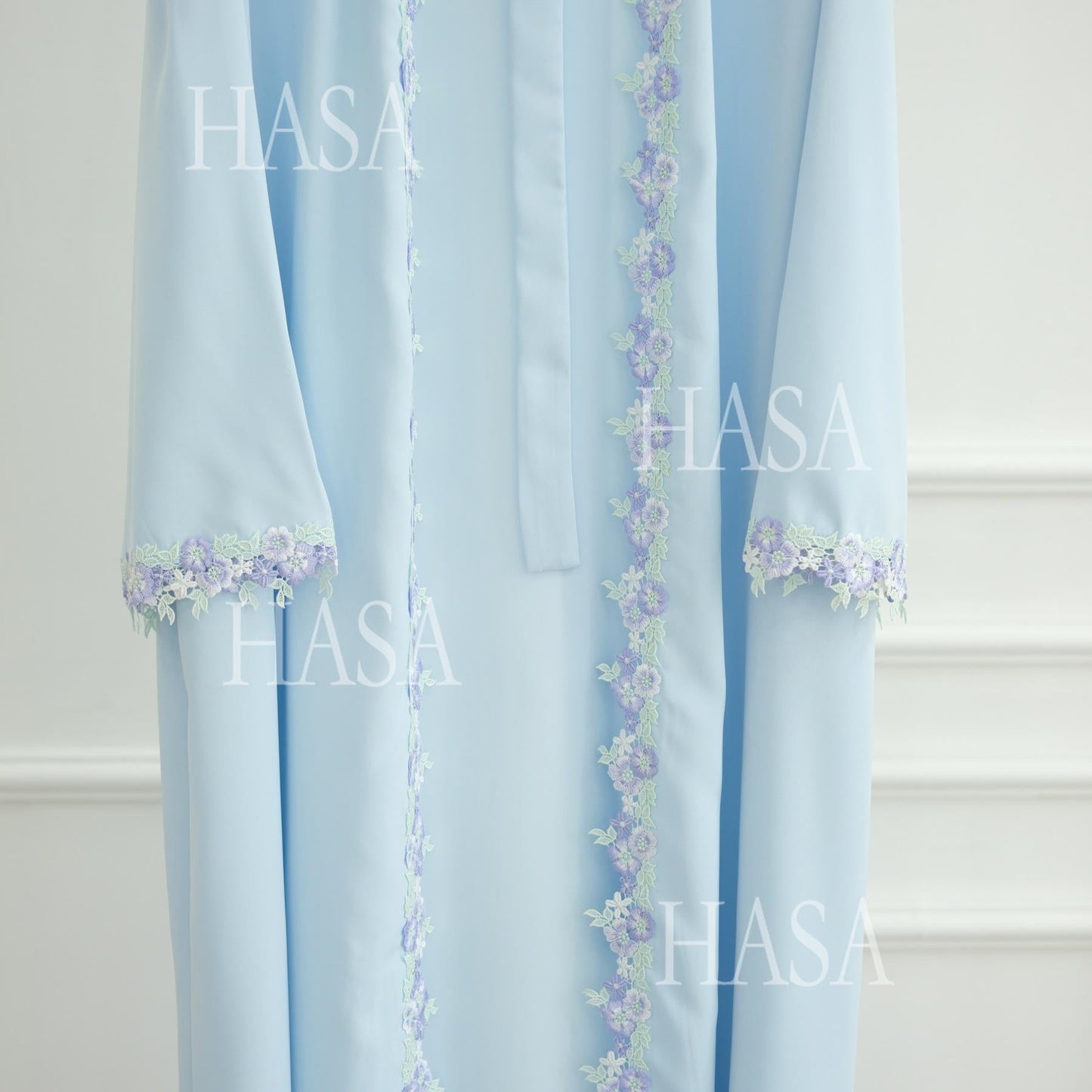 HA6562 Blue Bow Embroidered Abaya Tunic Cardigan