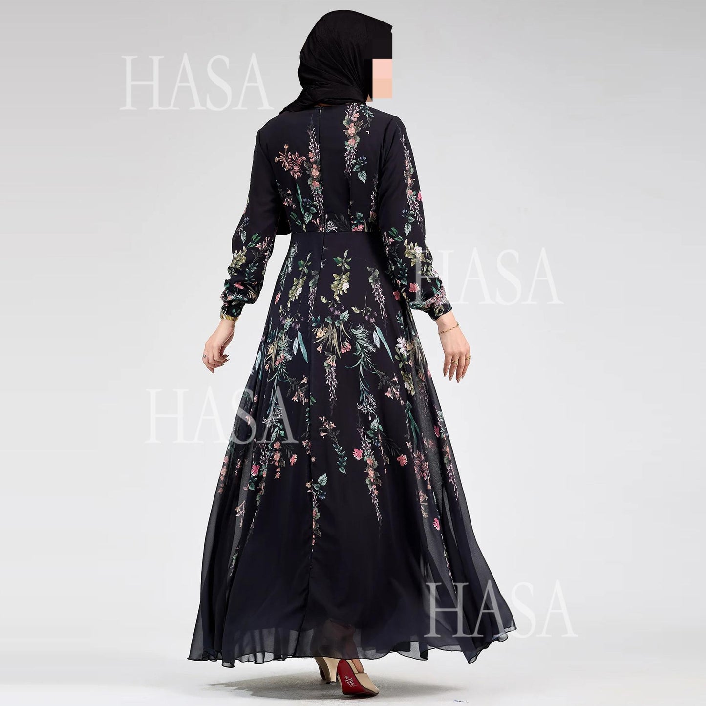 HA6531 Chiffon Printed Ankle-Length Maxi Dress with Long Sleeves