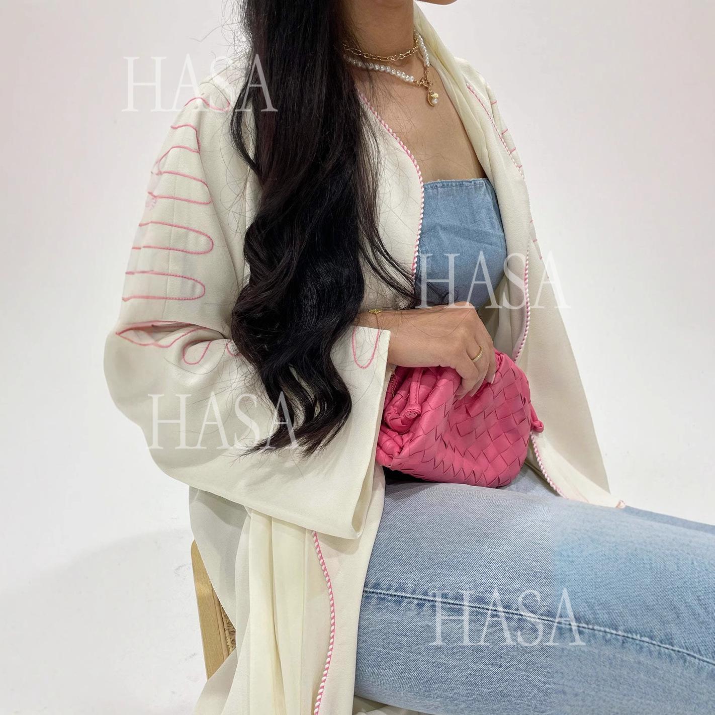 HASA's Series HA6582 Abaya Women's Long Embroidered Cardigan Jacket with Wavy Edges