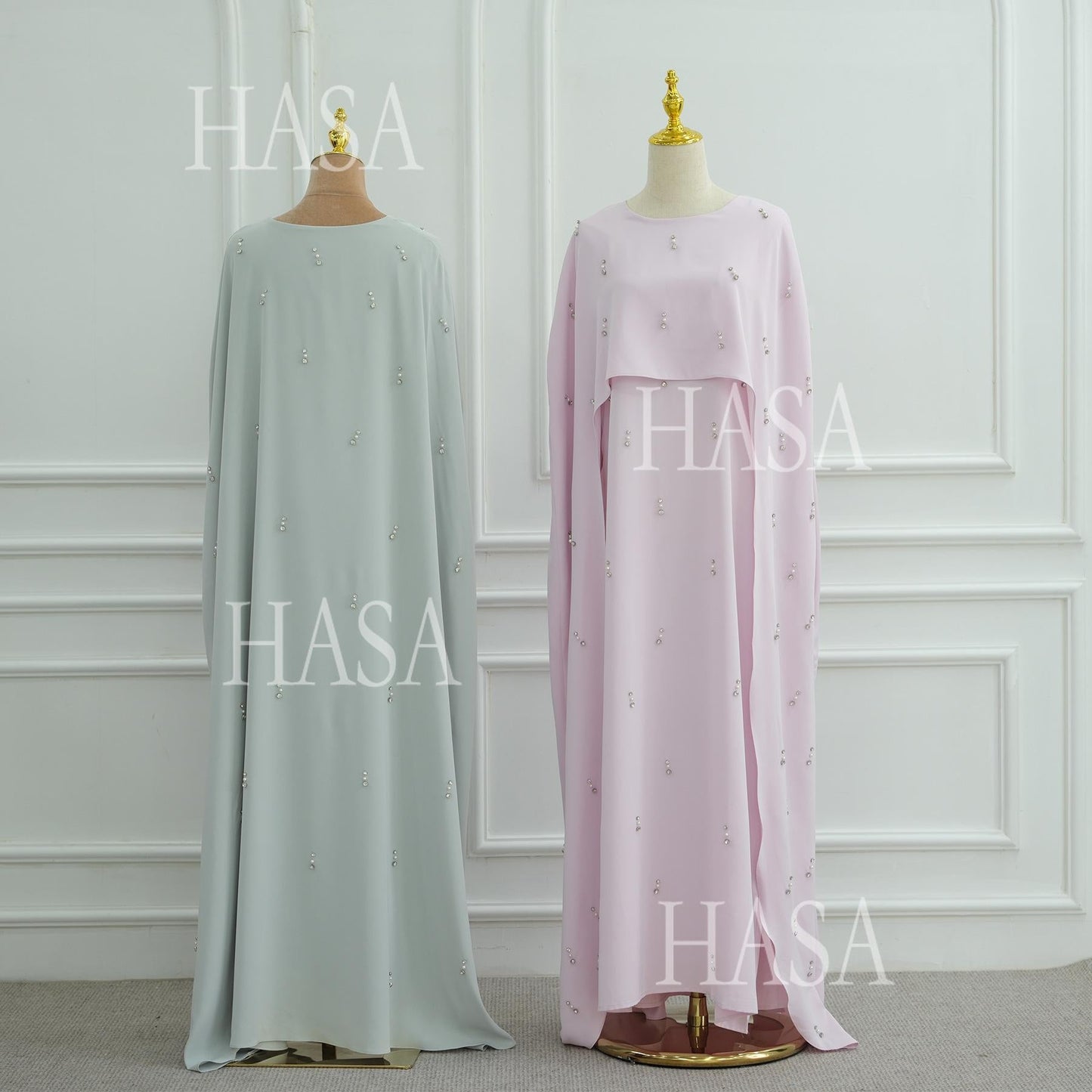 HA6505 Solid color beaded long dress with fake two-piece design