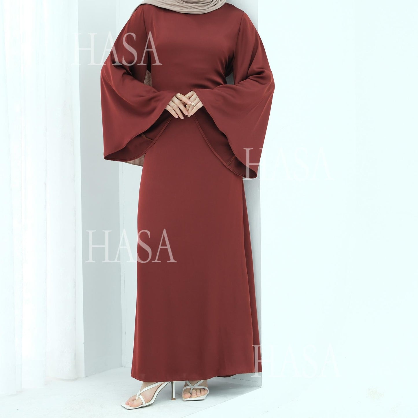 HA6478 Simple Long Dress with Wide Sleeves, One-piece and Smooth Style