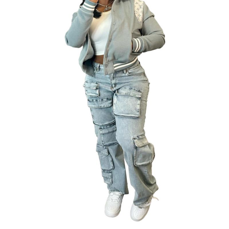 HA1917 Three-dimensional Multi-bag Tooling Style Denim Trousers