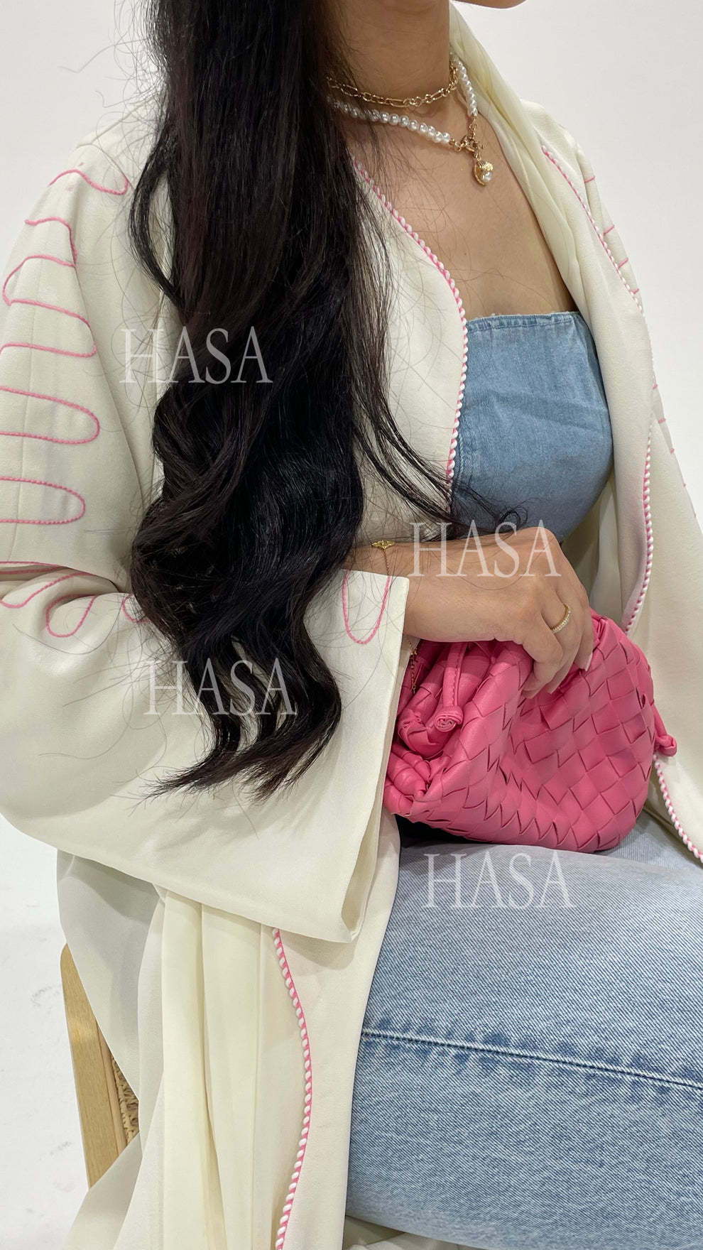 HASA's Series HA6582 Abaya Women's Long Embroidered Cardigan Jacket with Wavy Edges