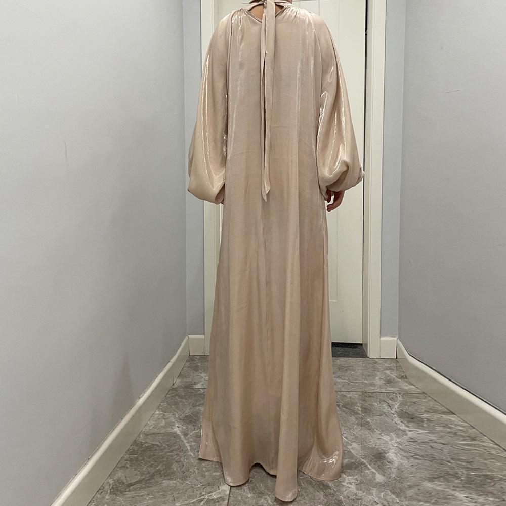 HAYA10043 HAYA  Large Lantern Sleeves Long Bright Silk Dress Stand Up Collar Back Tie Women's Dress Abaya
