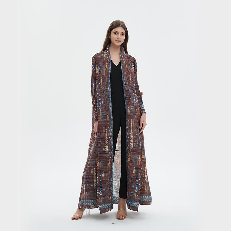 HS5848 Retro Brown Textured Open-front Long Coat