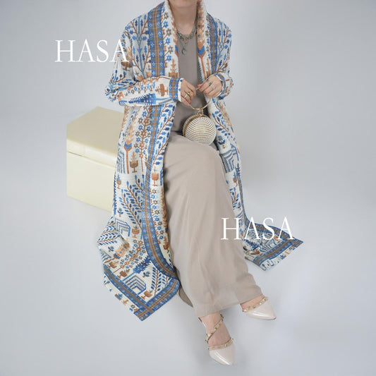 HS5849 Blue and Orange Geometric Print Open-front Long Coat (with Belt)