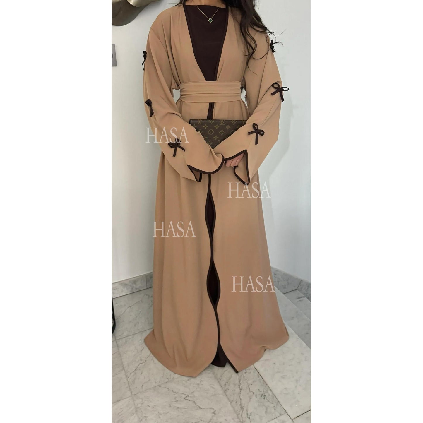 HA5862 Elegant Wavy-edge Bow Robe (with Belt) for A Feminine Look