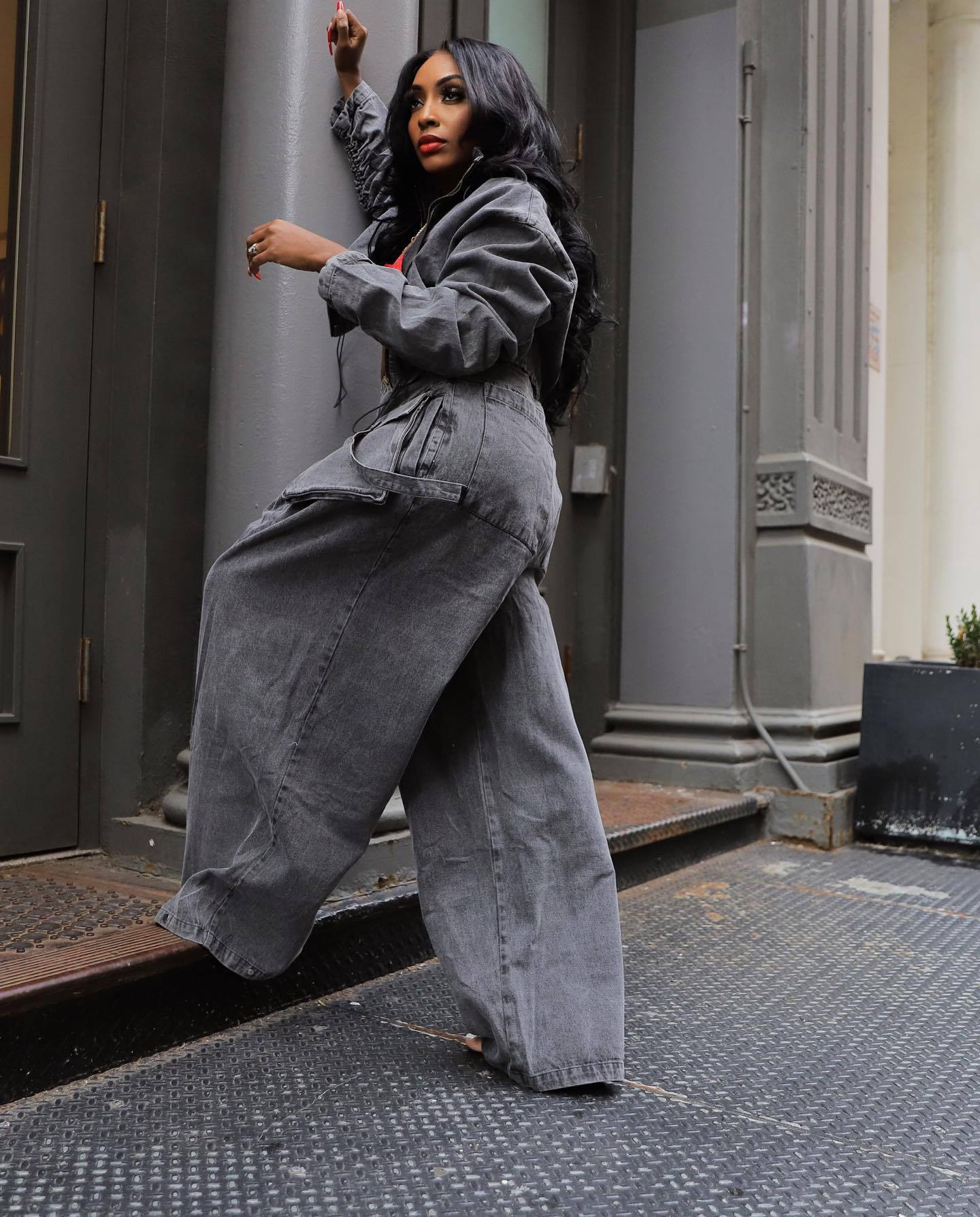 HS6306 Washed Denim Two Piece Set with Wide Leg Cargo Pants