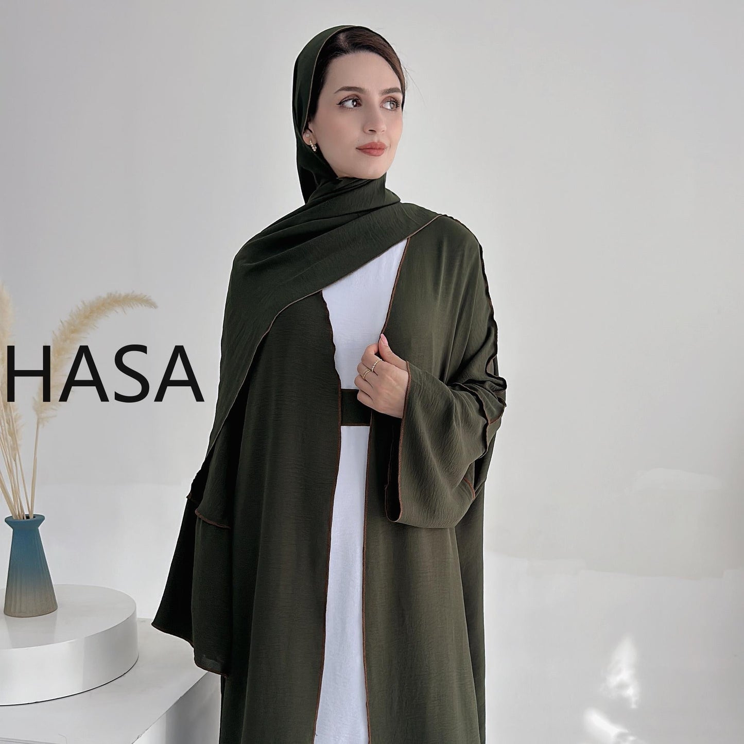 HASA HA1246H 2 PCS SET Crepe Solid Color Loose Hem Cardigan Robe with Hijab